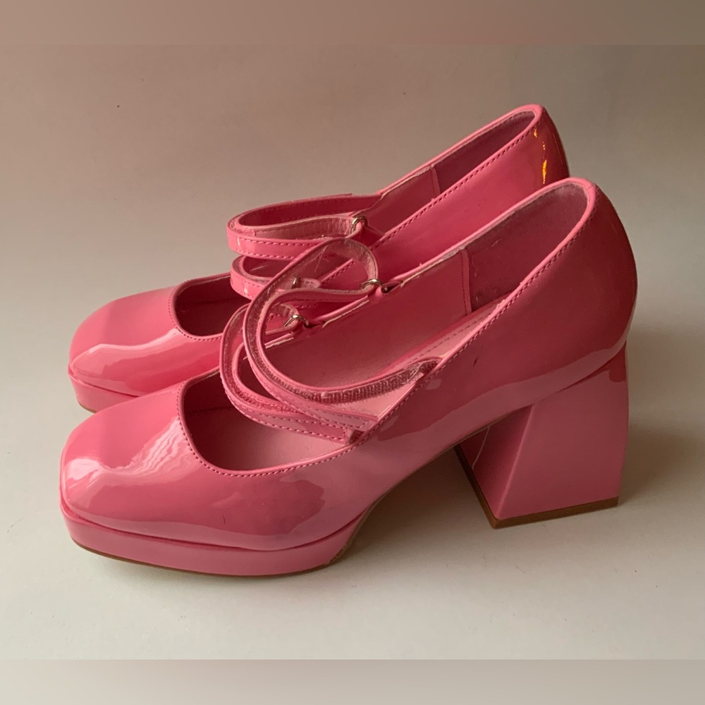 Pink Patent Mary Jane Block Heel Pumps